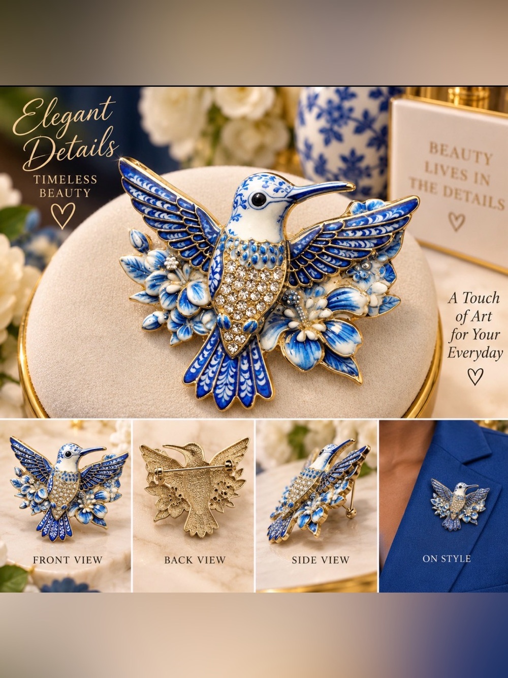 Blue and White Hummingbird Floral Brooch - Elegant Enamel Accent
